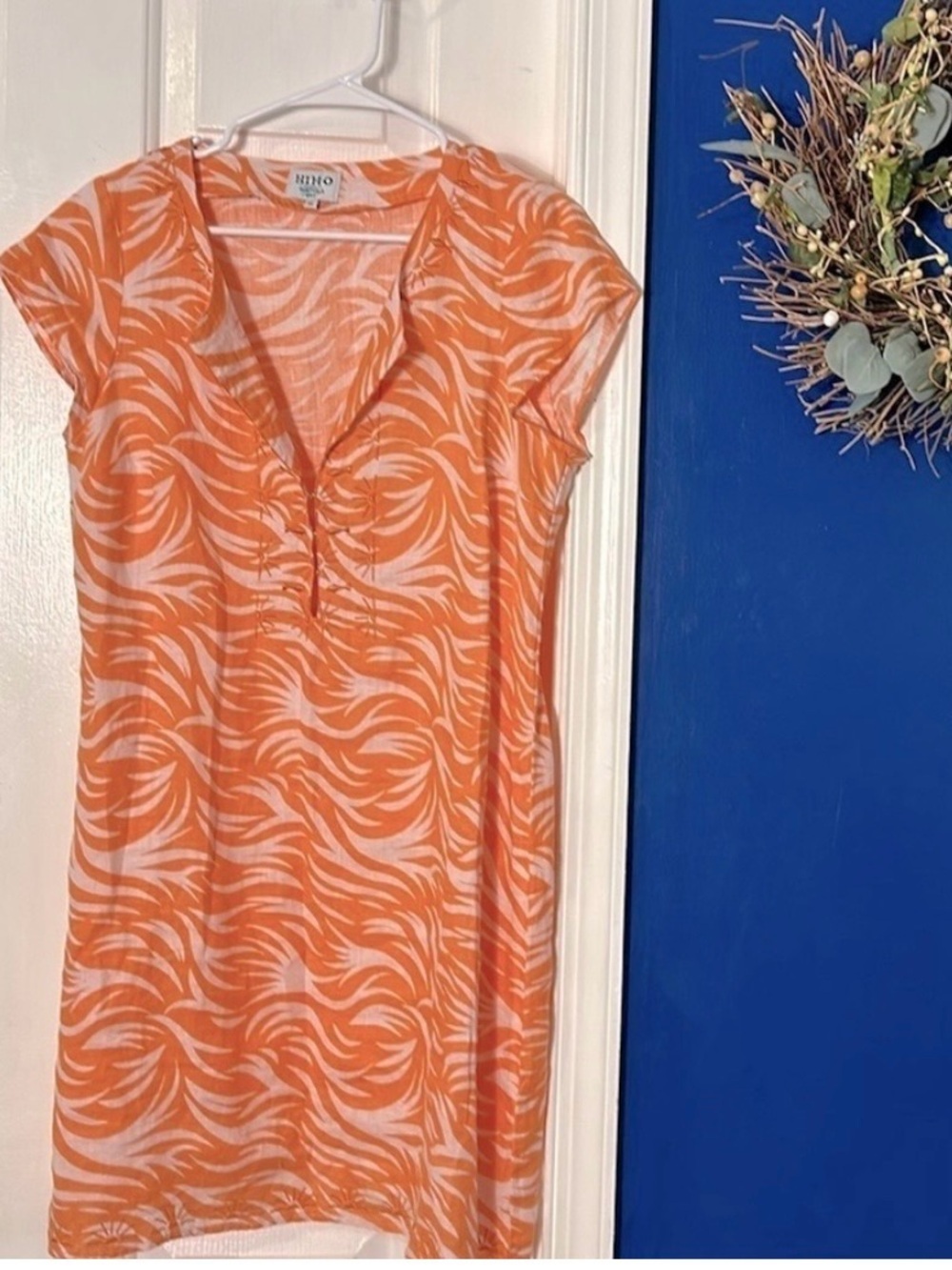 Hiho Rachel 100% Linen Orange Animal Print Embroidered Shift Dress Swim Cover Up